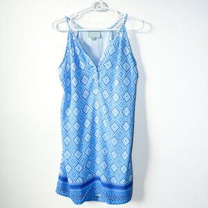 Skies Are Blue Sleeveless Blue Print Shift Dress Border Hem Womens Large